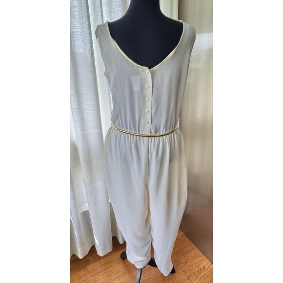 Vintage 80s jumpsuit, off-white, gold metallic lace, elastic waist & golden belt - Picture 6 of 10